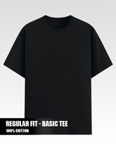 Black t-shirt on a light gray background with text indicating 'Regular Fit - Basic Tee' and '100% Cotton'.